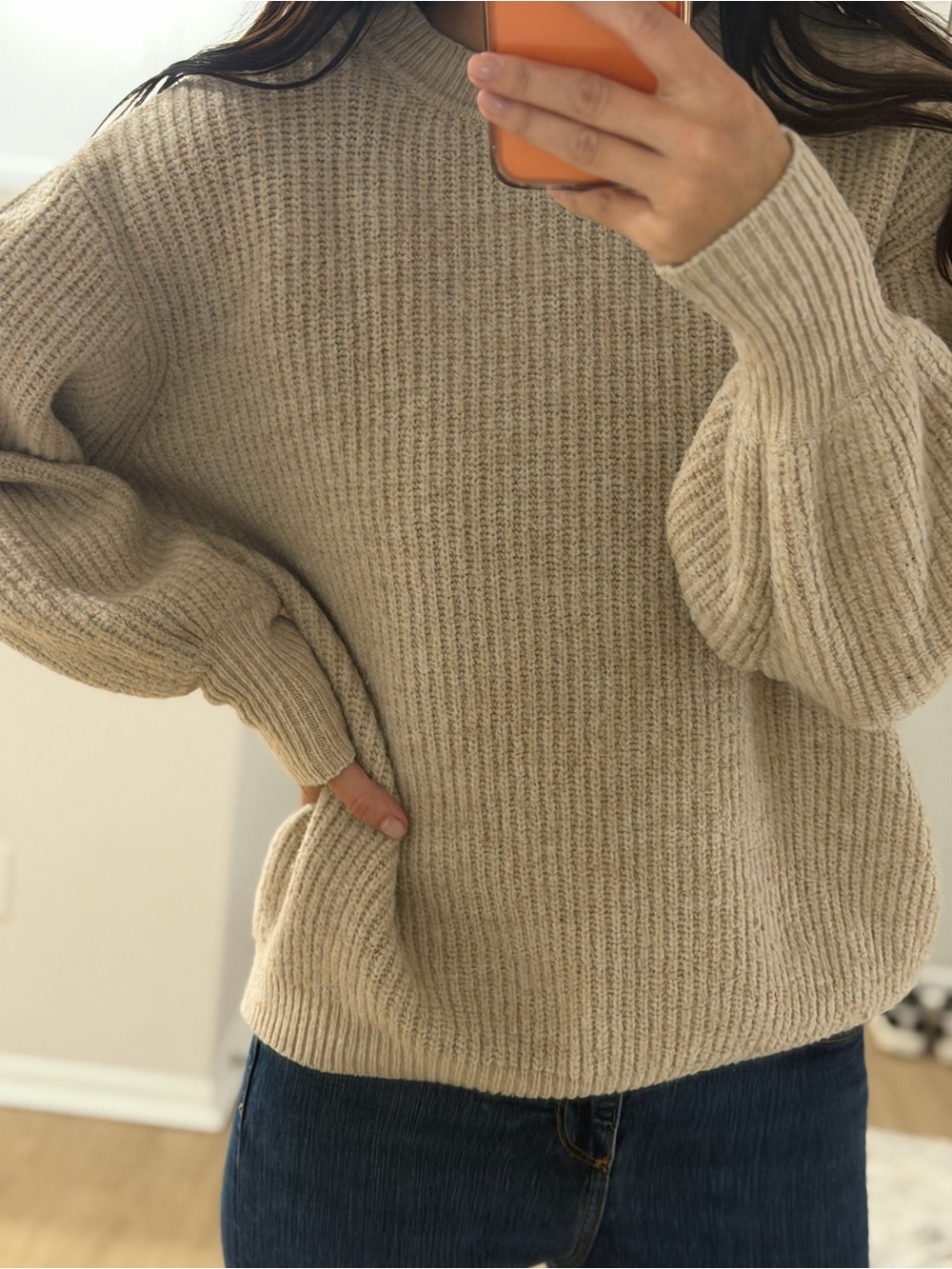 ASOS Beige Ribbed Balloon-Sleeve Crew Sweater